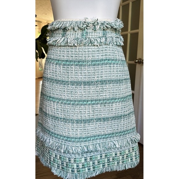 Tory Burch Nora Skirt Size 8 Green White Tweed Fringe Trim Designer Women's - Picture 3 of 12
